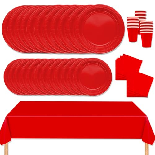 MORAINJAY 69 Piezas Juego Vajilla de Papel para Fiesta Rojo,Decoración de Mesa para Cumpleaños con Platos,Mantel,Servilletas y Vasos,para Bodas,Picnics y Reunión - 16 Personas