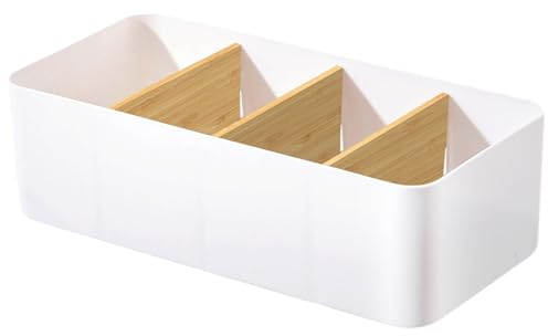 WOKICOR Organisateur de table avec 4 compartiments amovibles, porte-télécommande en bambou, organisateur de bureau multifonctionnel, compartiments pour stylos, notes autocollantes, lunettes, ciseaux