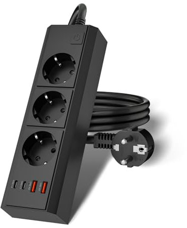 WENTONG Ciabatta Multipresa con 3 Schuko e 4 USB, Presa Multipla con Interruttore e 1.5 M Cavo, 2500W Multipresa da Scrivania Piatta 10A, per Ufficio, Famiglia, Cucina e Viaggio