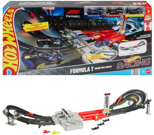 Hot Wheels Toy Car Track Set, Formula 1 Grand Prix Circuit Track Set with 3 1:64 Scale Die-Cast Toy Cars, Two Modes of Racing with a Motorized Booster, JLB13
