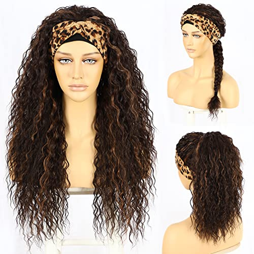 SomiariK Perruque avec bandeau sans colle pour femmes noires - Ligne de cheveux naturelle synthétique - Cheveux bruns bouclés lâches - Sans dentelle frontale - Perruque sans colle pour femmes noires