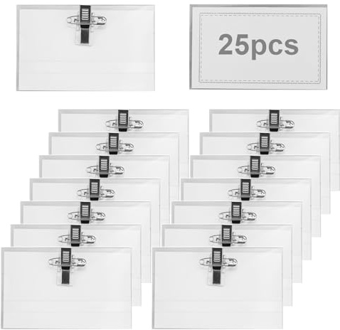 25 Porta nombres con pinza combi, soportes para tarjetas identificativas de PVC transparente con clip, Funda Tarjeta Identificación Horizontal Porta Nombres Clip, para oficina, negocios, conferencias