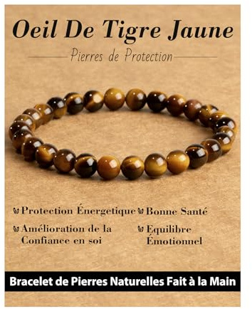 Landorilo Bracciale in Pietra Naturale da 6 mm, Braccialetti Elastico con Perline per Uomo e Donna, Bracciali Portafortuna, Gioiello Regalo con Perline di Ricambio（Occhio di Tigre Giallo）