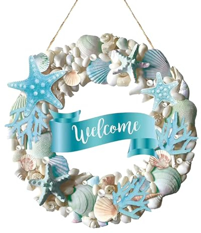 Decorazione della porta della spiaggia: corona in legno 2d con stelle marine e conchiglie, segno di benvenuto da 11,8 pollici da parete sospesa | Decorazione domestica in stile costiero