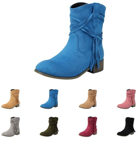 Botas de ante para mujer de media altura – Botines para mujer con tacón con flecos con cordones, botines de caña ancha, botas de invierno, antideslizantes, botas de vaquero, zapatos tradicionales