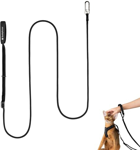 BuddyArmor Hands Free Cat Leash Lightweight 4.1-7.2FT Adjustable Durable Rope Leash with Padded Handle, Versatile Crossbody Waist Lead for Cats Puppy ≤26lbs Outdoor Walking (Black, S)