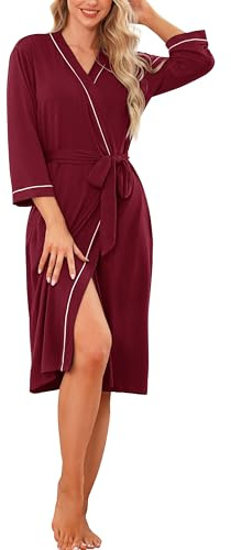 Wikoan Peignoir Long Pour Femme Confortable Robes de Chambre avec Col V Manches Longues Léger Kimono Femme Nuit pour Toutes les Saisons Rouge Foncé XL