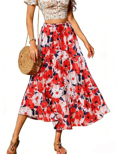 Koerye Faldas Largo para Mujer Maxi Verano Falda de Gasa Elegante Faldas A-Línea Casual Elástica Alta Falda Larga Falda Maxi con Cordón Rojo,L