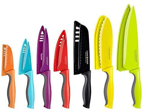 Cook N Home 14-Piece Coated Carbon Stainless Steel Knife Set with Sheaths, Multicolor
