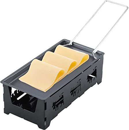 Mini Raclette Cheese Melter, Black Carbon Steel with Non-Stick Coating, 7.28 x 3.62 inch Baking Tray, Includes Frame and Spatula