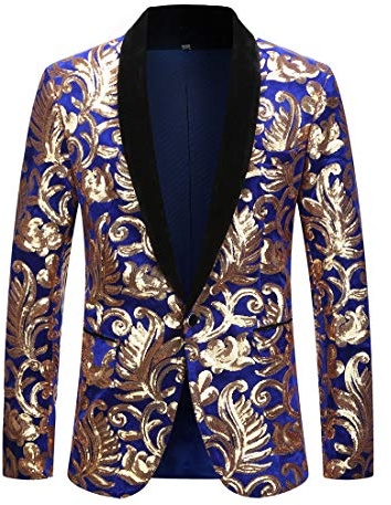 PYJTRL Blommig kavaj i sammet med paljetter för män, moderiktig blazer, Blå 01, 3XL
