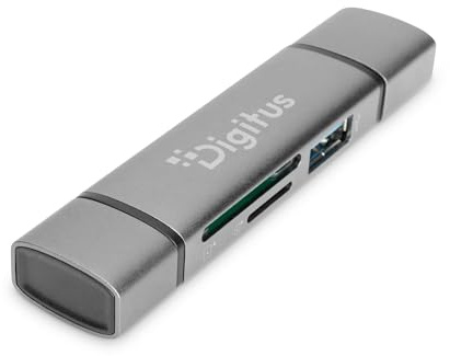 DIGITUS Dual Card-läsare med hub – USB-A och USB-C – SD & micro-SD-kortläsare – USB 3.0 Hub 1 port – grå