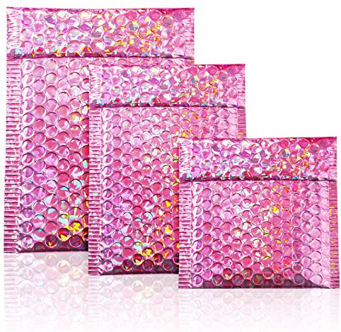 50 Pieces Bubble Mailers 3 Sizes Self Seal Adhesive Poly Mailers Metallic Foil Glitter Padded Shipping Bubble Envelopes for Valentine Mailing Packing Small Business(Glitter Rose Red)