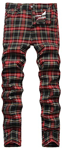 Keevoom, Pantalones elásticos ajustados a cuadros para hombre, con parte delantera plana, informales, cómodos, lisos, para negocios, pantalones chinos, 32