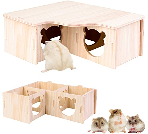 Vegena Hamster Eckhaus - 3 Häuschen Holz Hamsterhaus, Hamster Haus Holz Hamster Versteck Käfig Dekor Zubehör für Rennmäuse, Degus, Stachelmäuse, Zwerghamster (22.5 * 17.8 * 8cm)