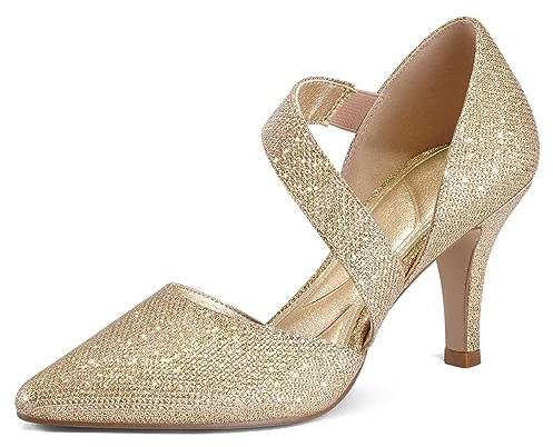 mysoft Women's Pointed Toe Low Stiletto Heel Dress Pumps Shoes - Available in Wide Sizes Gold-Glitter