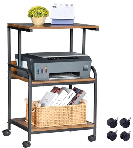 H JINHUI Druckertisch, 3-stöckiger Druckertisch mit Rollen, Druckerständer mit Ablage, Mobiler Druckerständer mit Industrie-Design, für Büro, Fax, Kopierer, Scanner 50,5 x 40 x 80,5 cm