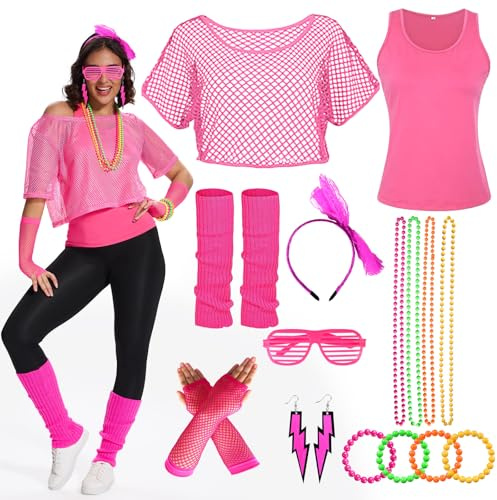 Ulikey 80-tals 90-tals outfit dam, 80-tals kläder damset, nättröja, linne, halsband, armband, örhänge, glasögon, pannband, 90-tals neon party outfit temafest tillbehör