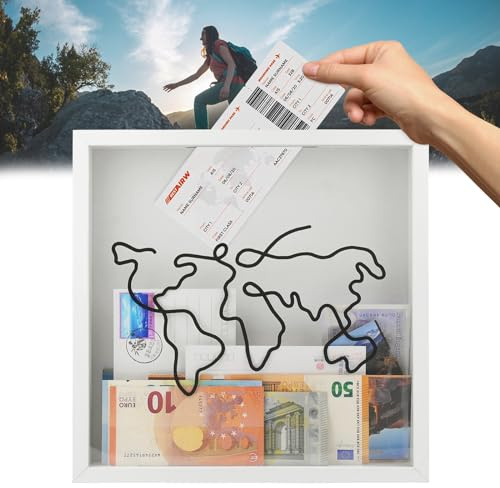 JJWNMLL Caja de archivo de aventura, marco de caja de recuerdos de viaje, caja de sombra de viaje blanca con ranura y diseño de mapa del mundo (1 unidad, 11 x 11 pulgadas)