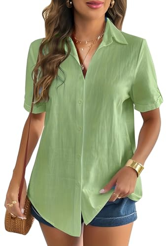 WINKEEY Chemisier Femme Élégant en Lin à Manche Courte Blouse Chic d'été Col V Top Léger avec Boutons
