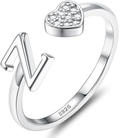 JeweBella Anillos Mujer Plata de Ley 925 con Iniciales A-Z Anillo de Corazón Ajustable Personalizado Anillos de Compromiso Alianzas Boda Anillo de Promesa Anillo Mujer Niña con Caja de Regalo
