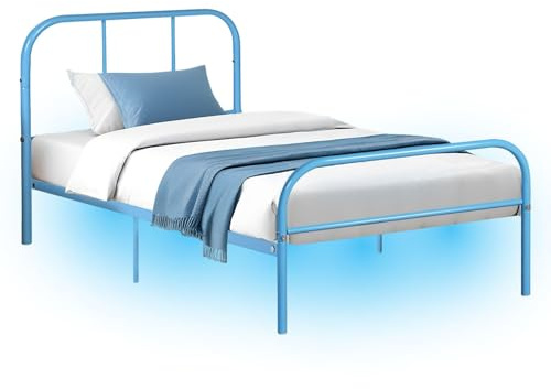 FurnitureR Lit Simple en Métal avec Lumière LED - Cadre Moderne avec Sommier à Lattes pour Chambre à Coucher, Chambre d'Amis - 90 x 190 cm - Bleu