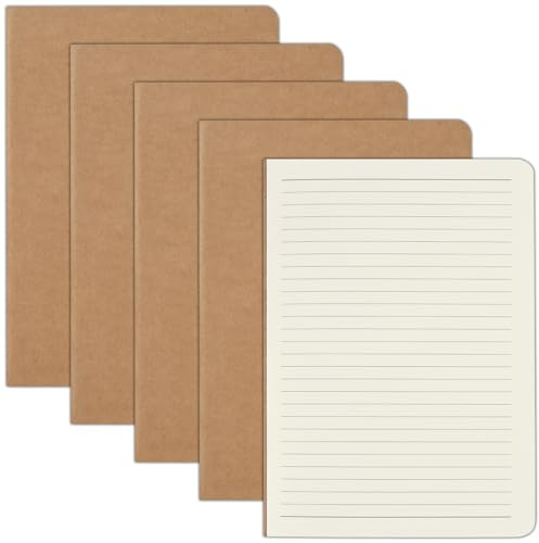 ZCZN A5 Notebook, 5 Pack Kraft Cover Lined Notebooks, 60 Pages Each, Ideal for Writing and Note-Taking
