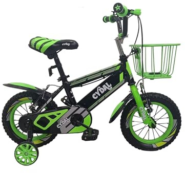 Kids Neon Green Bike for Boys Girl12 Inch Bicycle for Girls Ages 5-7 Years with Stabilisers, Bell, Reflector, Adjustable Seat & Handlebar and basket