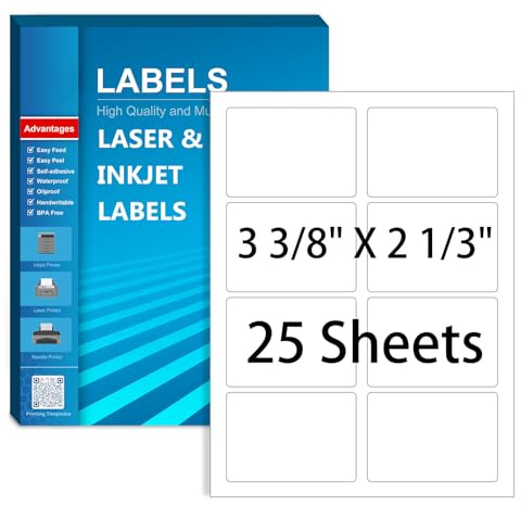Name Tag Stickers- 3 3/8 X 2 1/3 Blank Labels, Printable Sticker Paper for Inkjet Printer, Adhesive Sticker Labels, Return Address Mailing Labels for Envelopes- 25 Sheets, 200 Labels