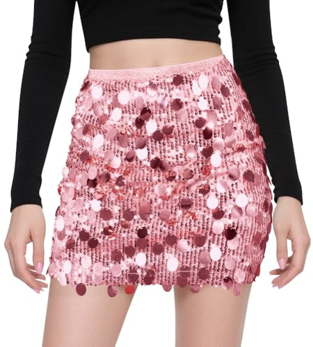 AOOSU Jupe à Paillettes pour Femme, Mini Jupe Paillette Femme Moulante à Paillettes Trapèze, Élastique Taille Paillette Courte, Costume de Danse du Ventre Jupes pour Danse Soirée Bar Fête Carnaval