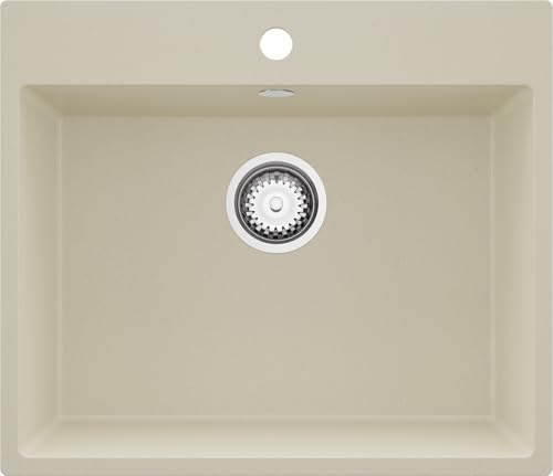 PRIMAGRAN Lavello da Cucina Beige 58x50cm, Lavandino in Granito a 1 vasca + Sifone Classico, Lavabo Incasso al mobile 60cm - Riga S177
