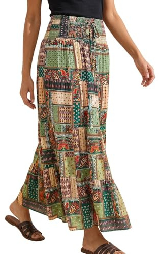 Roman Originals Gypsy Maxi Skirt for Women UK Ladies Tiered Bohemian Long Ankle Length Cotton Elasticated Waistband High Waist Monochrome Lounge Lightweight Holiday - Size 18 - Paisley Khaki