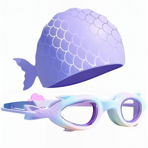 DXPETA 2-Piece Kids Mermaid Swim Cap and Goggles Set with Anti Fog Purple Goggles, Childrens Swimming Hat for Girls Swimming Accessories 3-12 Years, Pool and Beach Gear