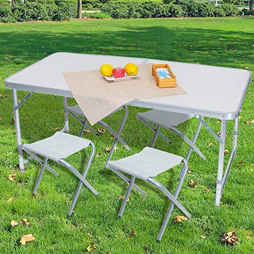 BAKAJI Set Tavolo Tavolino 120 x 70 cm Pieghevole con 4 Sgabelli da Pic Nic per Campeggio SpiaggiaStruttura Tubolare in Alluminio Piano in ABS Sedute in tessuto Richiudibile Salvaspazio con Maniglia