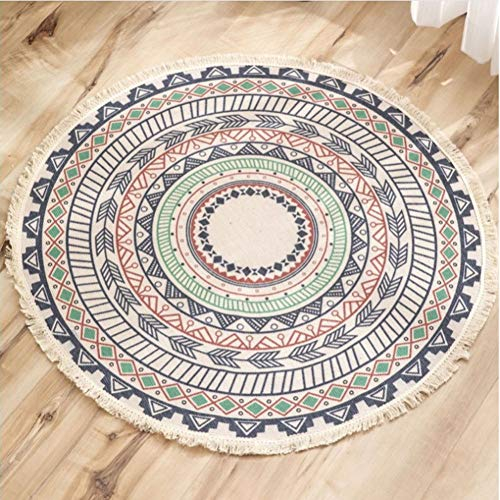 Lanqinglv Teppich Rund 120cm Böhmisch Baumwolle Leinen Teppiche 120 Handgemachte Weben Indien Mandala Muster Bunt Runder Teppich mit Quaste für Kinderzimmer Wohnzimmer Küche Fußmatte