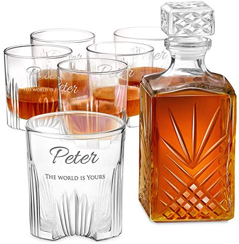 Maverton Whisky Carafe + 6 Whiskey Glasses with Engraving - 700ml Vintage Spirits Decanter - airtight Seal - Elegant Whisky Set - Birthday Gift for Men - Personalised - World