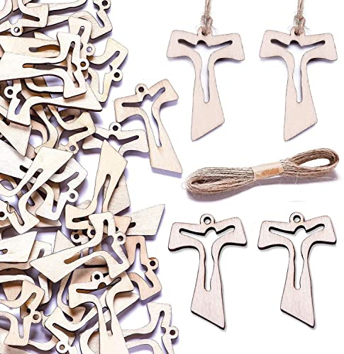 MKISHINE 55 Pezzi Pendente Ciondolo Croce Comunione in Legno+ 10m Rotolo Juta,Legnetti Decorativi Charms per Prima Comunione Bomboniere,Sacchetti,Segnaposto