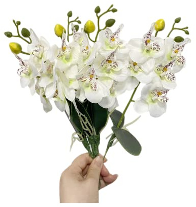 4 mazzi di fiori artificiali tropicali da 28 cm, mini orchidea farfalla con 4 teste di fiori di seta e foglie di orchidee Phalaenopsis per decorazioni per matrimoni, fiori, bonsai da giardino(bianco)