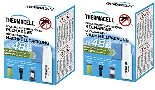 THERMACELL 2 Recharges Anti Moustiques et Moustiques Tigres - Protection Efficace 20m²- Compatible avec Diffuseurs, Nomades et Lanternes - Durée 48h - 8 Cartouches Gaz + 24 plaquettes