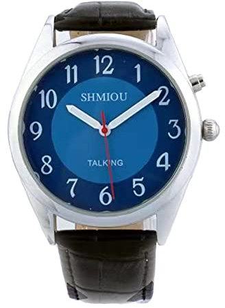 SHMIOU English Talking Watch for Men for The Blind Visually Impaired Elderly Black PU Leather Watch Band Blue Dial Speaking Wrist Watch Quartz with Alarm