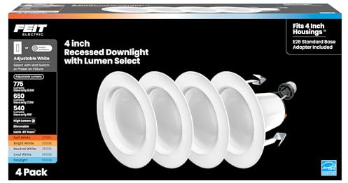 Feit Electric 4 Recessed LED Downlight, 75W Equivalent, Dimmable, Retrofit with E26 Adapter, 5CCT High Output, Light Switch Enabled, Lumen Select, 45-Year Lifetime, LEDR4HO/6WYCA/4, 4 Pack