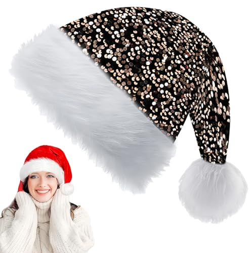 30*45cm Cappello Natale Donna Uomo Champagne Nero Paillette,Deluxe Peluche Cappello di Babbo Natale per Adulti Bambini,Morbido Unisex Velluto Cappelli Accessori Decorazioni Regali Festa Costume