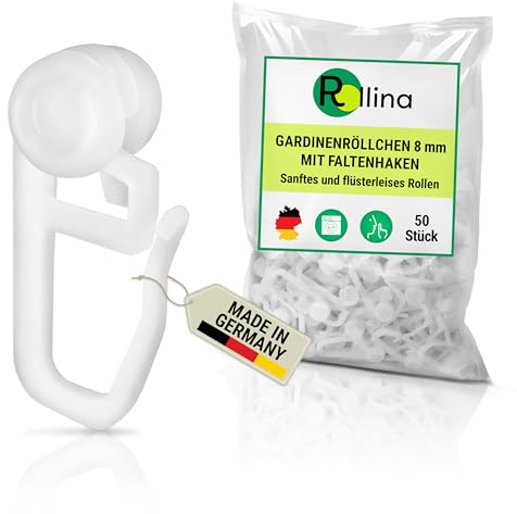 Rollina Gardinenhaken 8mm (50 Stück) | Gardinenröllchen für Schienen mit 3,5-4mm Innenlauf-Breite | Gardinengleiter in Standardgröße | Vorhanghaken