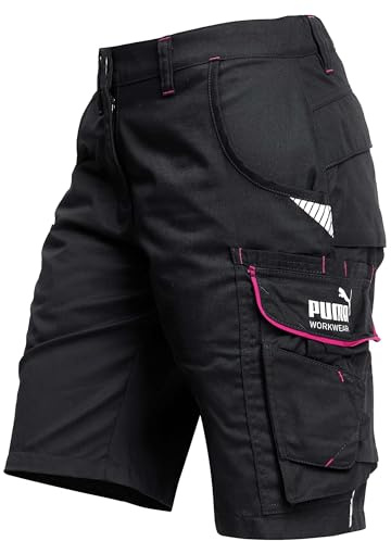 PUMA Workwear Precision X Short de Travail pour Femme, Nombreuses Poches & Réflecteurs - Idéal pour Les Artisans, Les ouvriers de Production et de Construction - Noir/Rose - Taille 52