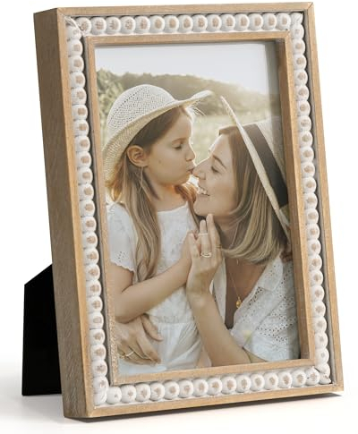 SUMGAR Bilderrahmen Boho 10x15 cm Holz Rustikale Fotorahmen Holzfarbe mit Holzperlen Vintage Kiefer holzrahmen Wand Deko Jubiläum Geburtstag Muttertag Paar Geschenk