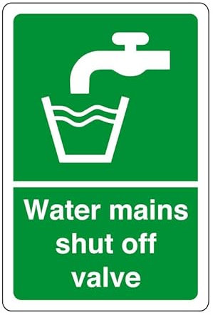 Water mains shut off valve - safety sign - 1.2mm Rigid plastic for indoor/outdoor usage (150mm x 100mm) Viewing Distance within 3m.