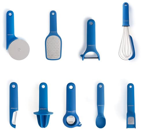 CREATE/Pack de 9 utensilios de cocina azul cobalto/Pelador de fruta y verdura, cuchara para helado, batidor de mano, rallador, exprimidor, cortador de pizza, abridor, prensa para ajos