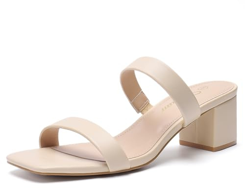 Athlefit Nude Heels for Women Two Strap Low Heel Chunky Sandals Dressy Summer Open Toe Leather Wedding Guest Shoes Size 8