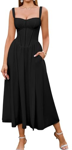 KUTUMAI Floral Corset Midi Dress Flowy Slit Summer Spring Wedding Guest Dresses for Women Sundress with Pockets Black L