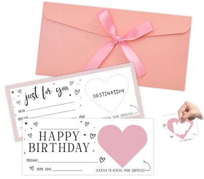Birthday Surprise Scratch Card, Scratch-off Cards Holiday Surprise Reveal | Personalised Scratch Cards with Envelopes | Destination Scratch Card Birthday Gifts Ideas for Lover, Friends (Pink)